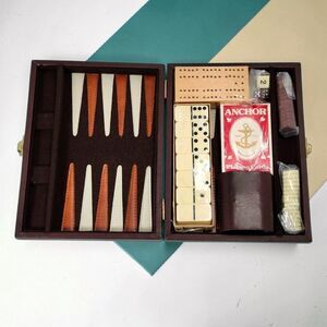 Vintage BB Naft Trading SA Multi-Game Set NOS Backgammon Dominoes Cribbage Cards
